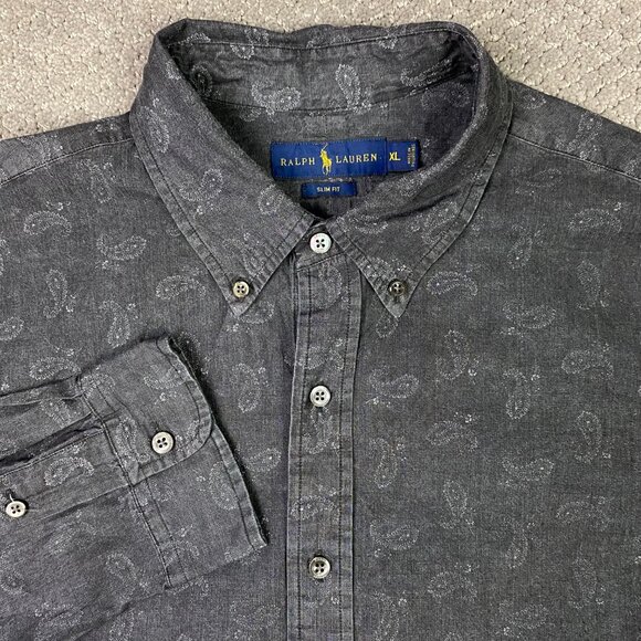 Ralph Lauren Slim Fit Button Down Shirt Men's XL Charcoal Gray Paisley - Picture 1 of 10